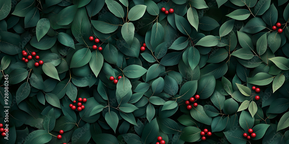Aufkleber deep green leaves and red berries creating organic background texture