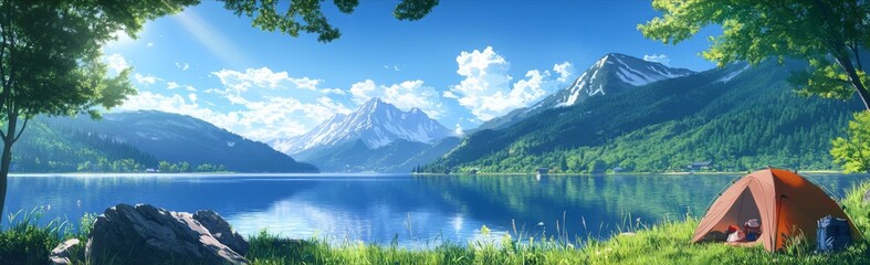 Fototapeta premium Summer Enchantment: Anime-Style Girls Camping by a Mountain Lake, Embracing the Tranquil Essence of Summer for Festive Promotions,anime-style,illustration,Picture BooksFor Poster,Novel,UI,WEB,Game,Des