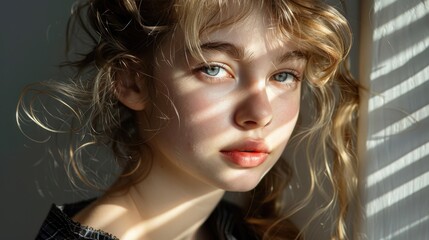 Fototapeta premium A young woman with curly hair, standing in sunlight with shadows creating a dramatic and natural look.