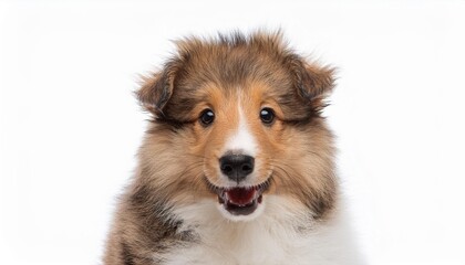 笑顔のラフ・コリーの子犬のポートレート（Portrait of a smiling Rough Collie puppy on white background）
