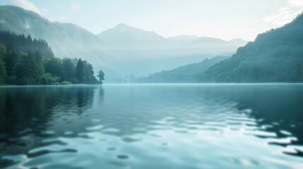 Fototapeta premium A calm, serene lake surrounded by misty mountains and lush greenery, creating a peaceful and tranquil atmosphere.