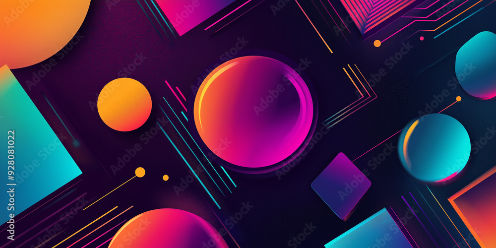Poster Abstract design with spheres and cubes floating on a colorful background