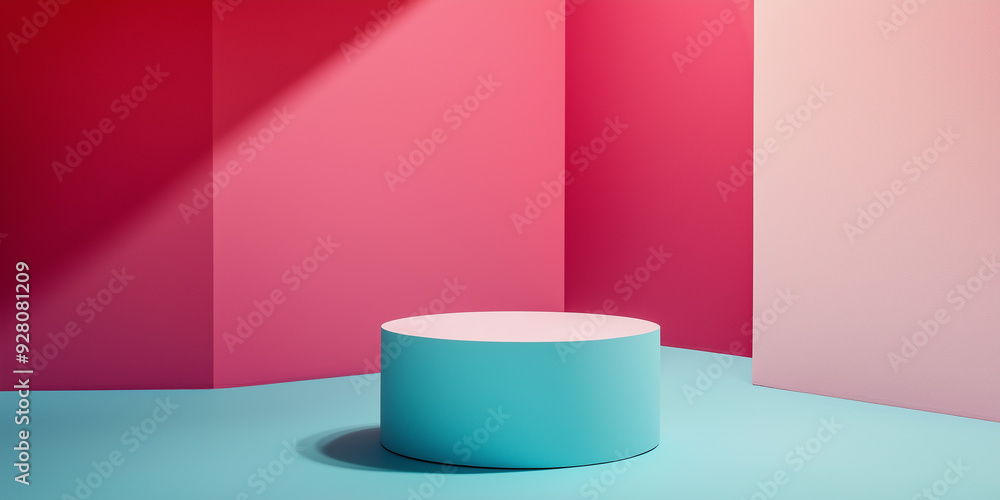 Poster minimal blue podium displaying product on turquoise floor with pink walls background