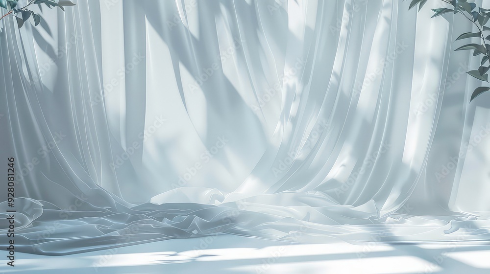 Poster white fabric drapes with soft shadows from branches and leaves, creating a beautiful light and airy 