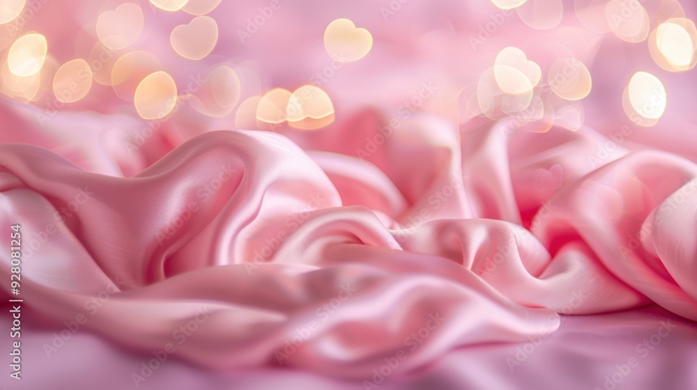 Poster a luxurious and smooth pink satin fabric background with heart-shaped bokeh lights, creating a roman