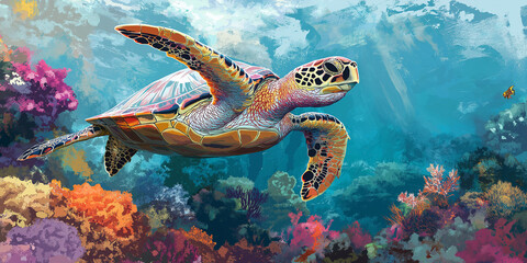 Obraz premium Sea turtle swimming peacefully over a colorful coral reef