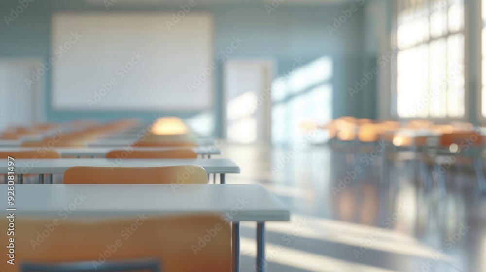 Aufkleber an empty classroom bathed in sunlight streaming through the windows, creating a bright and inviting 