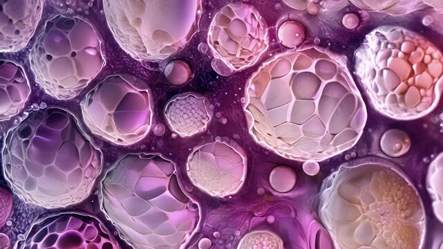 A crosssection of a thyroid follicle revealing numerous spherical cells filled with thyroglobulin the precursor to hormone production.