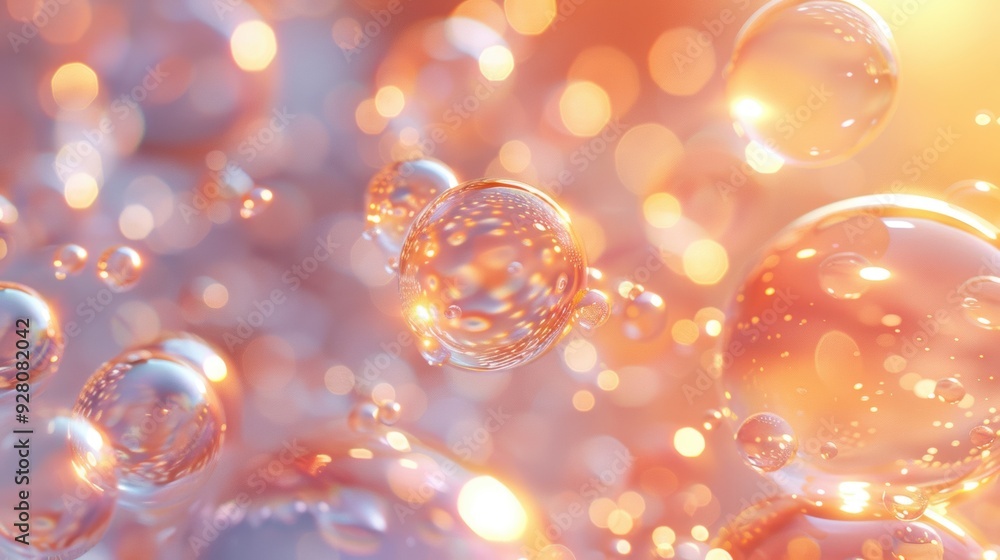 Poster close-up of floating bubbles with a warm orange bokeh background, creating a dreamy and whimsical at