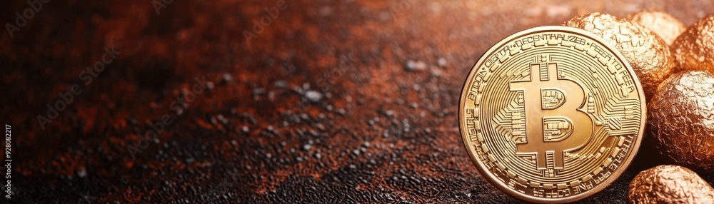 Poster shiny bitcoin resting on a textured surface, symbolizing digital currency and modern finance concept