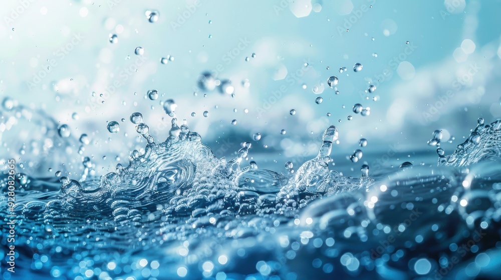 Poster dynamic capture of splashing water droplets in motion, creating an energetic and refreshing scene of