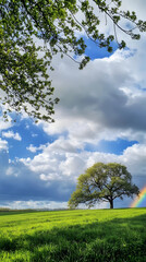 Obraz premium Panoramic view of clear blue sky, lush green meadows, and towering trees.