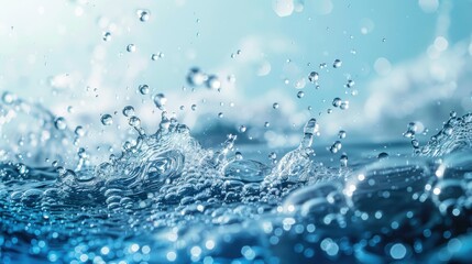 Dynamic capture of splashing water droplets in motion, creating an energetic and refreshing scene of clear blue water.