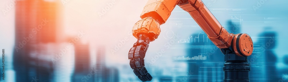 Poster an industrial robotic arm in action, showcasing advanced technology and automation in a modern works