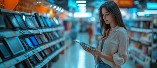 Fototapeta premium Young Woman Shopping for Electronics in a Modern Store, Browsing Tablets and Gadgets on Display
