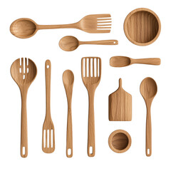 Set of wooden kitchen utensils including spoons, spatula, and bowl on a white background