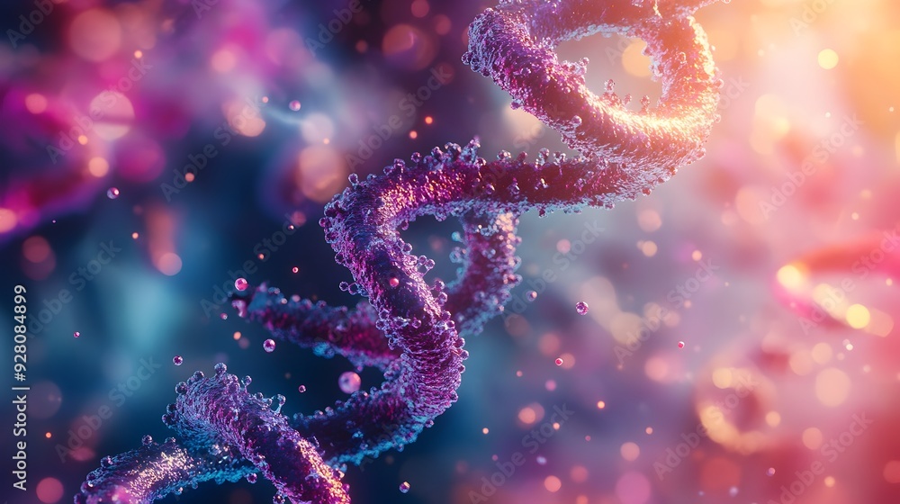 Poster glowing digital dna helix with sparkling cosmic particles and fractal patterns