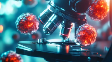 Microscopic view of coronavirus or COVID 19 virus particles under medical laboratory microscope for scientific research and healthcare diagnostics