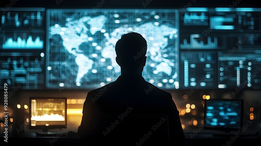 Poster silhouetted figure in front of a futuristic data visualization dashboard showcasing global trends an