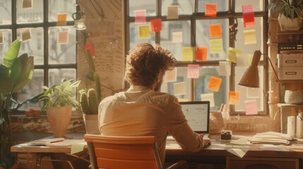 Creative professional working in a sunlit studio with plants and sticky notes on the window, surrounded by natural light and inspirational decor..