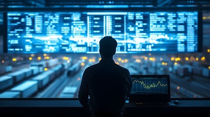 Silhouette of person analyzing financial data and market trends on digital interface