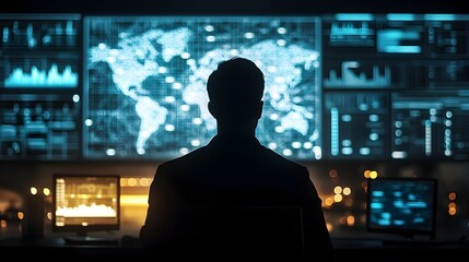 Silhouetted figure in front of a futuristic data visualization dashboard showcasing global trends and financial analytics