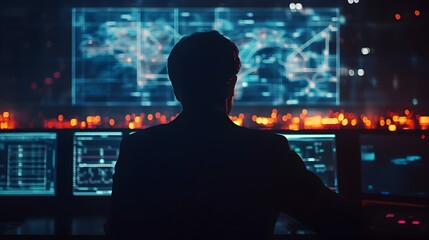 Silhouetted Figure Overlooking High Tech Digital Dashboard in Futuristic City Skyline