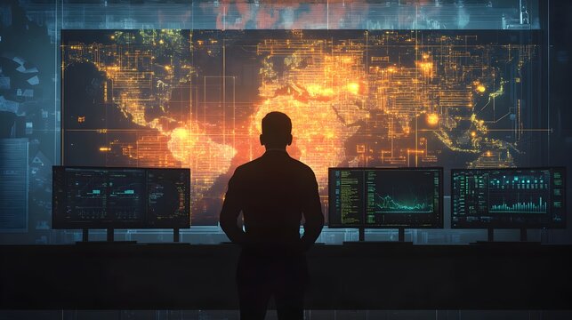 Silhouette of Person Overlooking Futuristic Tech Dashboard with Global Data Visualizations