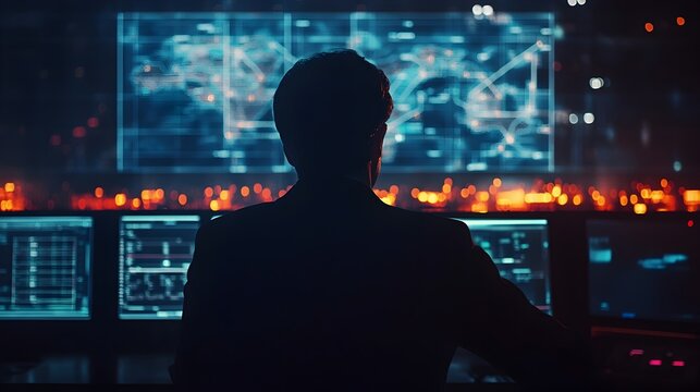 Silhouetted Figure Overlooking High Tech Digital Dashboard in Futuristic City Skyline