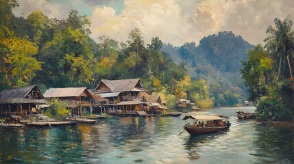 Obraz premium Tranquil Riverfront Village Nestled in Lush Tropical Landscape