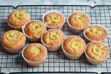 Airy banana muffins on a gray background