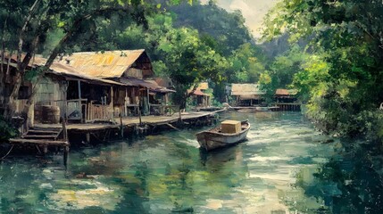 Obraz premium Serene Riverside Village Landscape with Traditional Wooden Huts and Boats