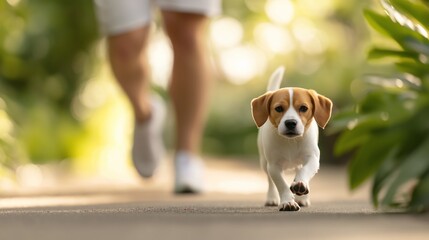 A person walking with a beagle puppy on a sunny path surrounded by greenery in a park.