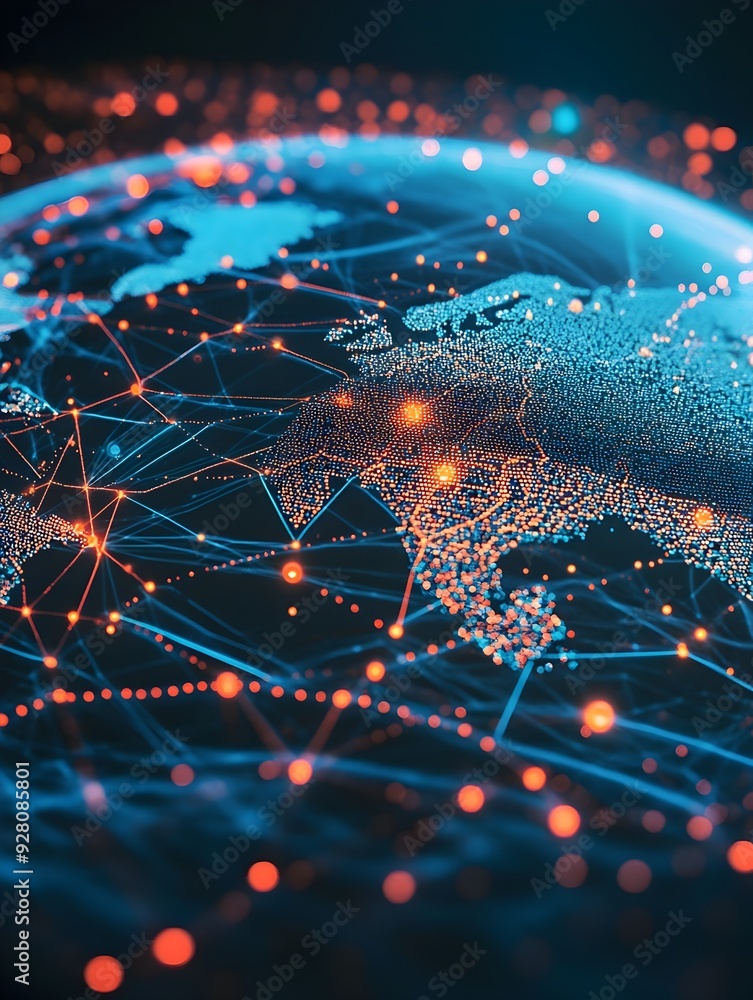 Poster glowing futuristic digital global network visualization with polygonal shapes