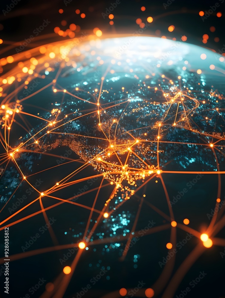 Poster glowing global network of interconnected energy and data points across the night sky