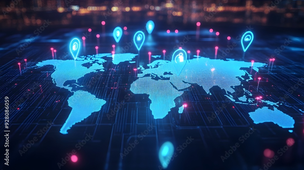 Aufkleber global digital network and connectivity infographic with world map and location pins