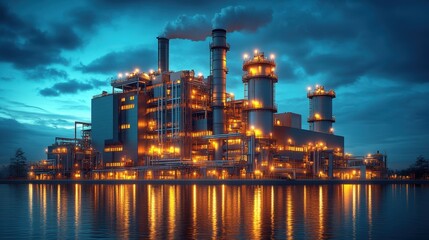 Fototapeta premium Illuminated industrial plant reflecting on water at dusk with a dramatic cloudy sky, showcasing modern industrial architecture.