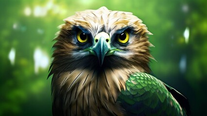 Majestic eagle with sharp eyes and vibrant feathers perched on a tree branch in a sunlit forest