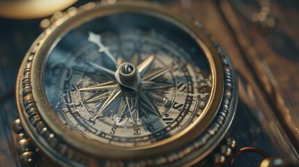 A close-up of a vintage compass resting on an old wooden table, symbolizing navigation and adventure.