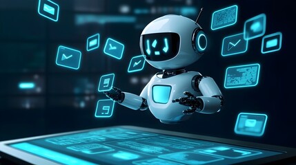 Futuristic Robot Interacting with Virtual Digital Interface in Blue Sci Fi Environment