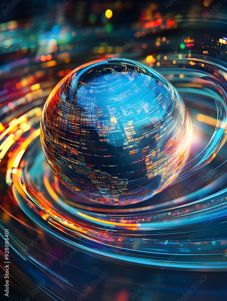 Poster multicolored spherical reflection in distorted glass surface with abstract lighting effects