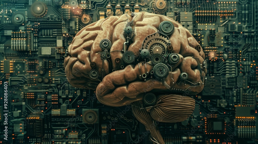 Poster a human brain with a piece missing, replaced by gears and circuits, discussing the augmentation and 