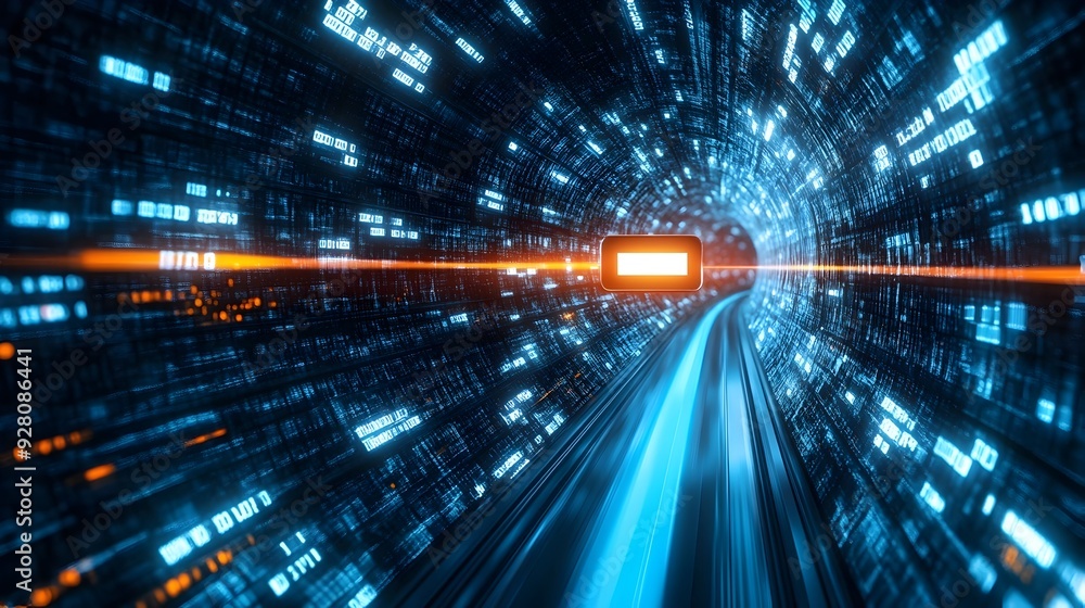 Poster futuristic neon tunnel of swirling digital data and energy flow in abstract sci fi cyberspace
