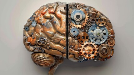 Fototapeta premium A human brain with a piece missing, replaced by gears and circuits, discussing the augmentation and enhancement of human intelligence through technology