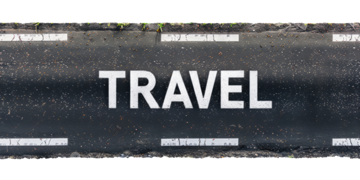 The word "Travel" written on the asphalt road, top view, isolated on transparent background