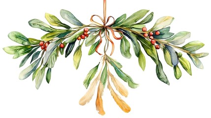 Boho Christmas Mistletoe Clipart with Feathers Watercolor in Earthy Tones