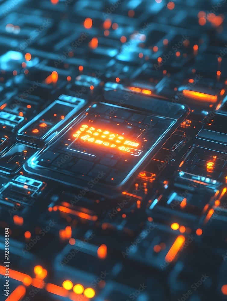 Poster luminous circuit board backdrop with glowing microchips and digital patterns