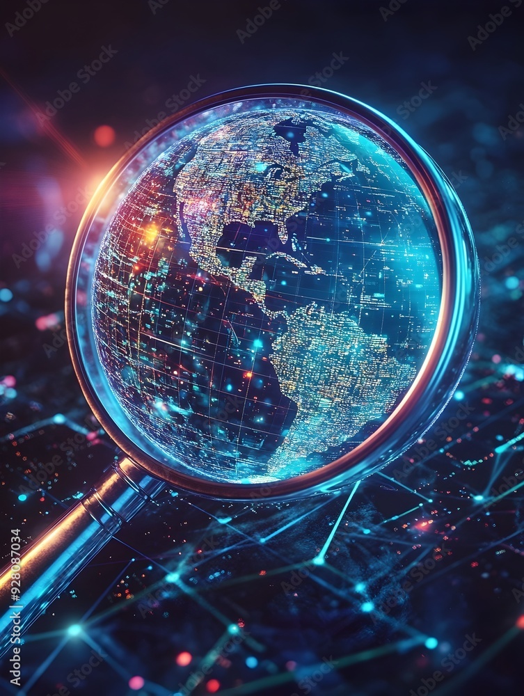 Poster glowing digital globe representing worldwide connectivity and technological progress