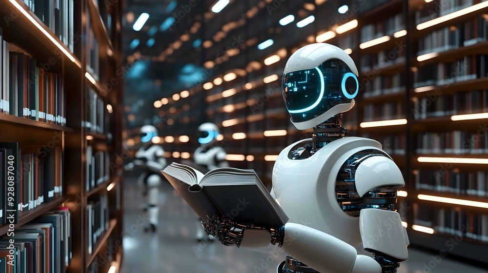 Poster futuristic robot exploring knowledge in robotic library environment