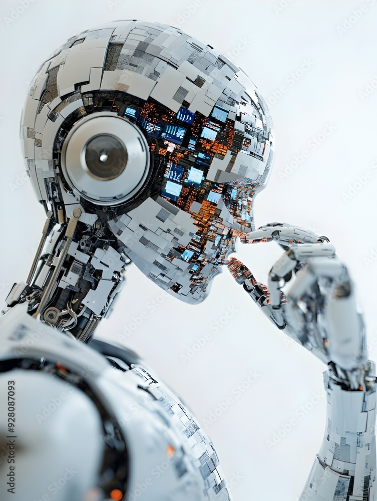 Poster futuristic robotic head with intricate metallic structure and technological elements